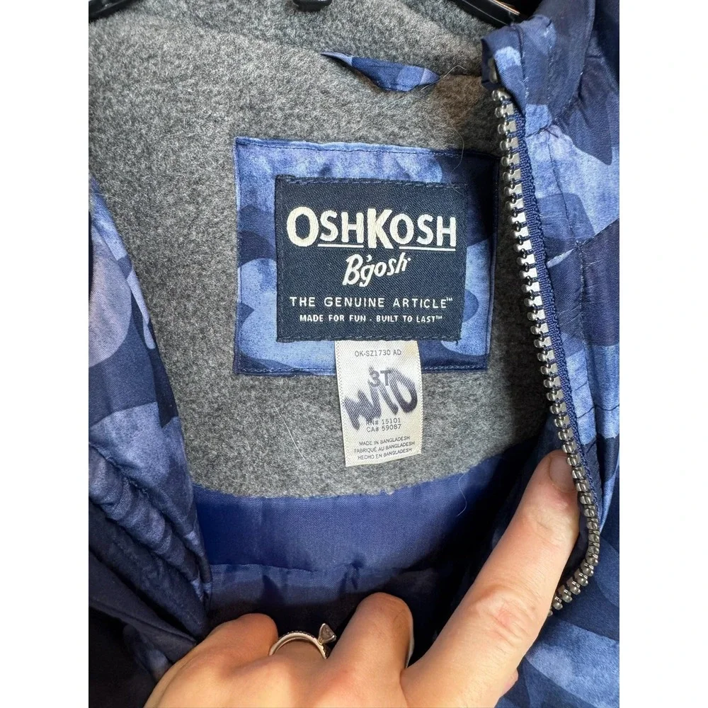 OshKosh B'gosh Kids Puffer Jacket 3T Blue Camo Hooded Winter‎ Coat Warm Lined